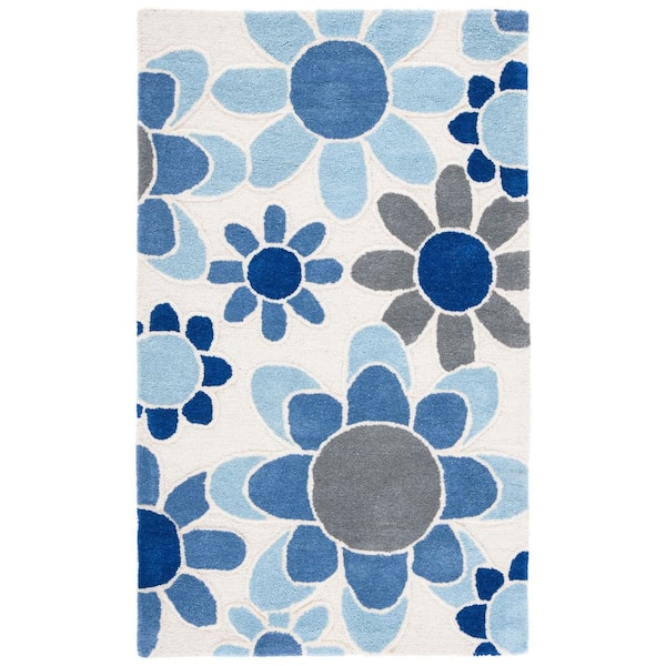 Kids 3 ft. x 5 ft. Ivory/Blue Oversized Floral Area Rug