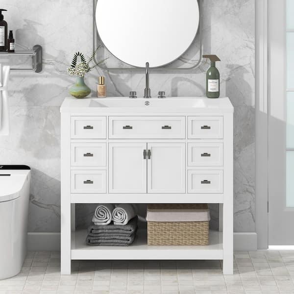 Hampton 36 in. W x 18 in. D x 34 in. H Bathroom Vanity in Gray with White Carrara Marble Top with White Sink