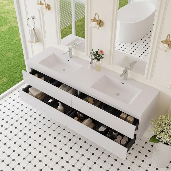 Angela 72 in. W x 18.7 in. D x 20.5 in. H Wall Mounted Floating Vanity Sink Set in Glossy White with Glossy White Top