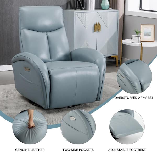 Blue Genuine Leather Swivel Rocker Recliner with USB and Type-C Ports