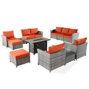 Prosperine Gray 13-Piece Wicker Outerdoor Patio Rectangular Fire Pit Sectional Seating Set with Orange Red Cushions