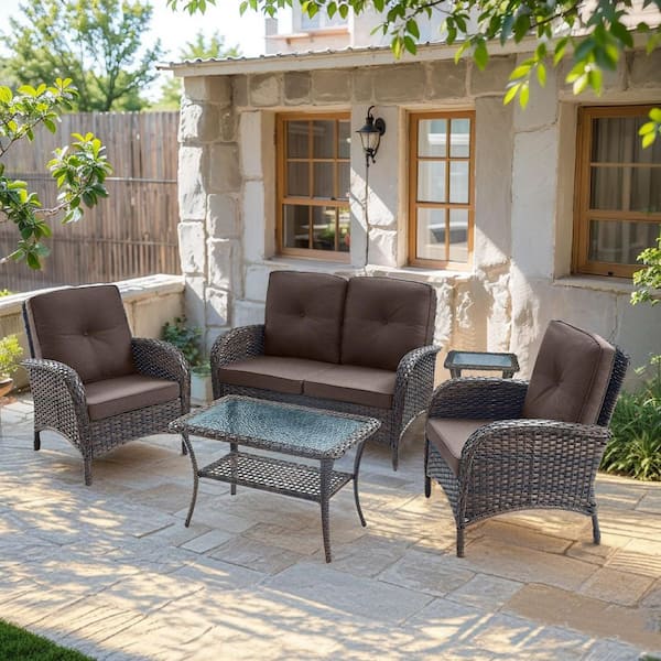 JYH Outdoor Wicker Loveseat – PE Rattan & Acacia Wood, All-Weather, High Back, Brown & Gray, Perfect For Patio, Garden, Balcony