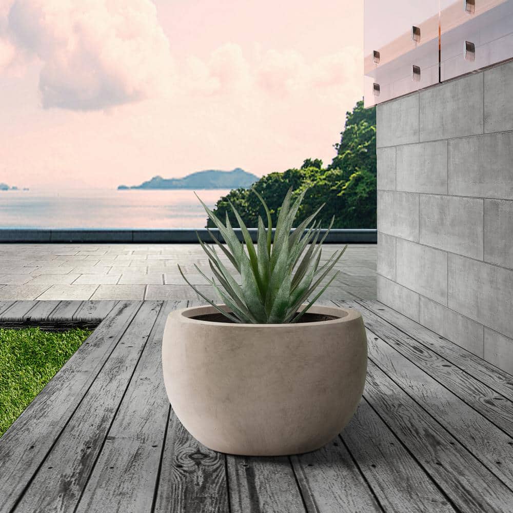 Weathered Gray Round Concrete Planter with Drainage Hole