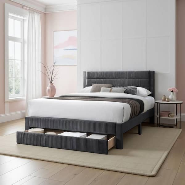 Heo Charcoal Gray Wood Frame Queen Size Panel Bed with Storage Drawer