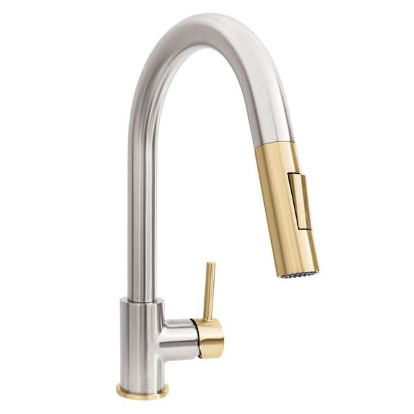 Autograph Edition 15 in. Gemini Pull Down Single Handle Kitchen Faucet in Brushed Nickel and Champagne Bronze