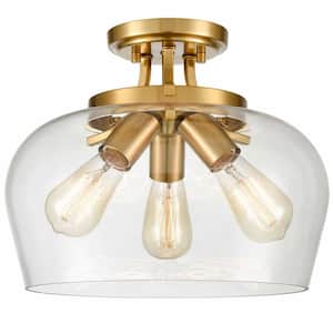 13.6 in. 3-Light Gold Modern Semi-Flush Mount with Clear Glass Shade and No Bulbs Included 1-Pack