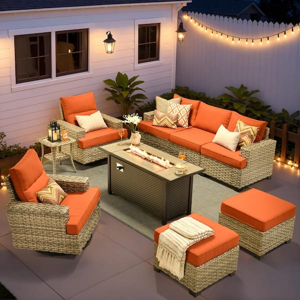 Toject Torino Gray 9-Piece Wicker Outdoor Patio Conversation Deep Sofa Seating Set with Metal Fire Pit and Orange Red Cushions
