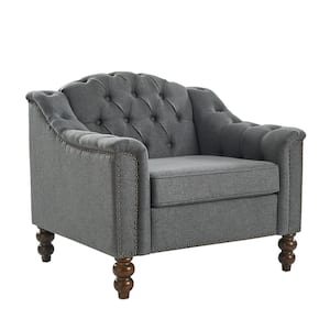 Carmen Grey Button-Tufted Accent Chair with Solid Wood Legs
