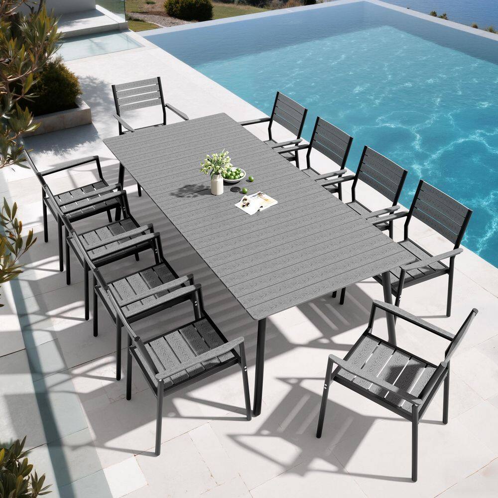 11-Piece Aluminum Outdoor Dining Set in Dark Gray with Stackable Arm Chairs and Wood-like Top, Umbrella Hole price history on PriceWatchPro