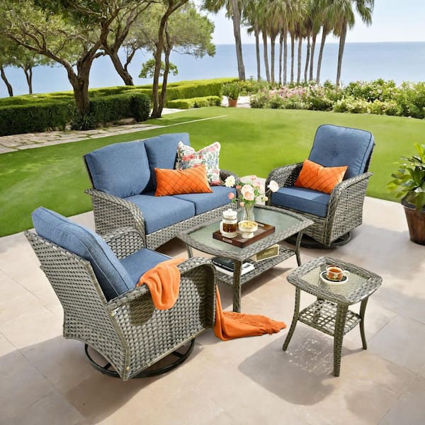 Hot Sale Valora 5-Piece Gray Wicker Outdoor Sectional Set with Blue Cushion, Coffee Table and Side Table for Deck, Patio