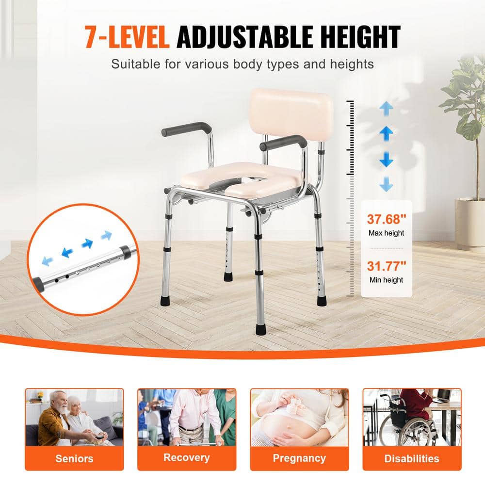 Adjustable Height White Steel Bedside Commode Chair