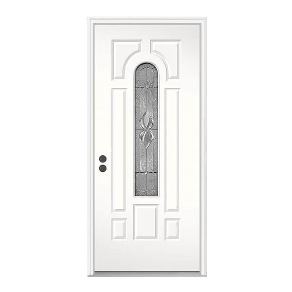 JELD-WEN 36 in. x 80 in. Langford Center Arch Primed White Steel Prehung Front Door with Nickel Caming and Brickmould