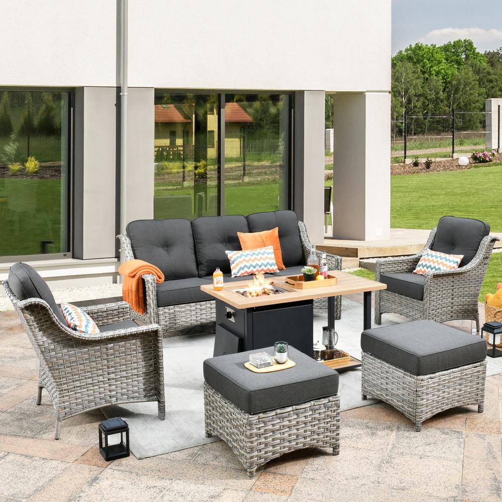 Tulip A Gray 6-Piece Wicker Patio Storage Fire Pit Conversation Sofa Set with Black Cushions