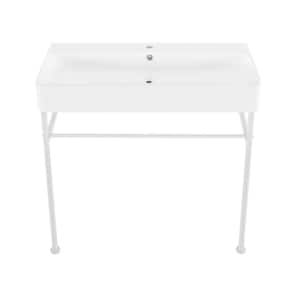 Carre 36 in. Ceramic Console Sink Basin in White with Matte White Legs