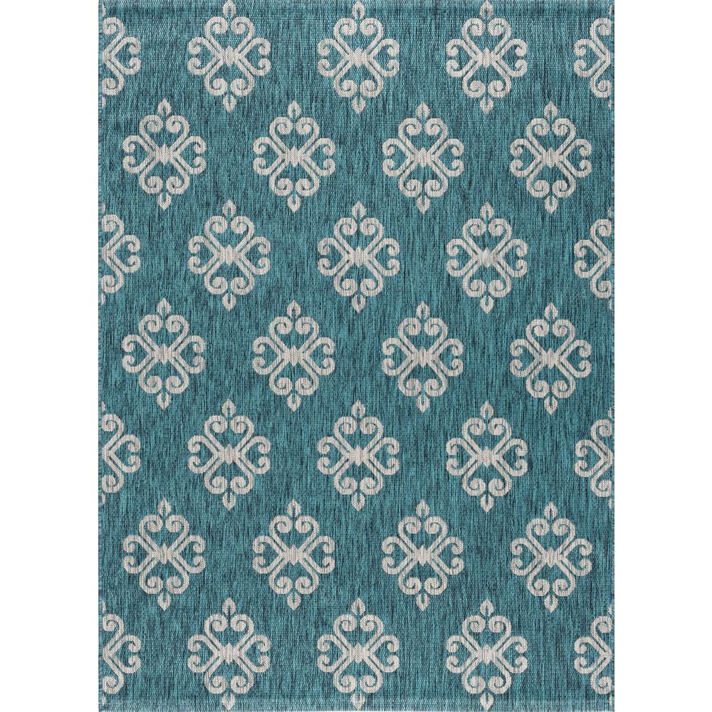 Tayse Rugs Veranda Geometric Teal 8 ft. x 10 ft. Indoor/Outdoor Area Rug