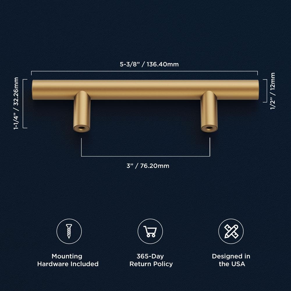 Brushed Brass Modern Bar Pulls with Mounting Hardware