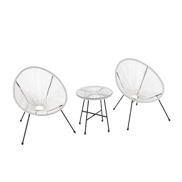 Unbranded 3-Pieces White Outdoor Bistro PE wicker Chairs with Glass Top Coffee Table