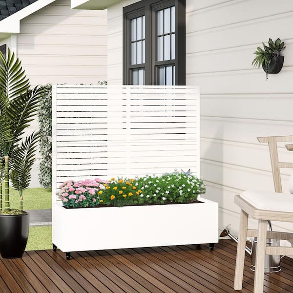 47 in. H x 47 in. W Rectanglar White Outdoor Metal Privacy Screen Planter Box Wall Decor in Louvered Pattern