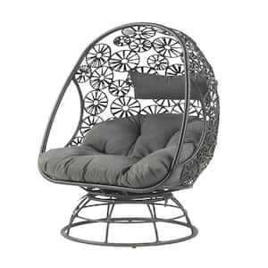 Black Cushioned Plastic Wicker Outdoor Patio Lounge Chair with Side Table and Gray Cushion
