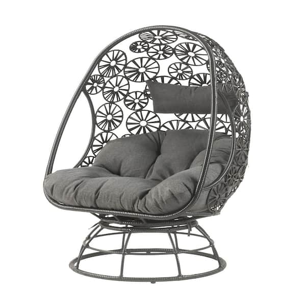 Afoxsos Black Cushioned Plastic Wicker Outdoor Patio Lounge Chair with Side Table and Gray Cushion