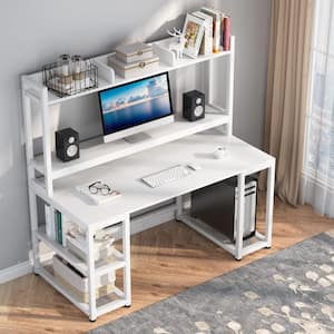 Wanz 55 in. Rectangular White Metal White Particle Board Wood Computer Desk with Hutch Storage Shelves Monitor Stand