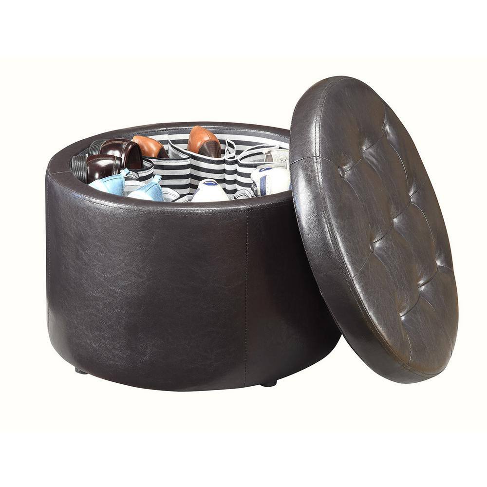 Espresso Faux Leather Tufted Round Storage Ottoman, 22-inch