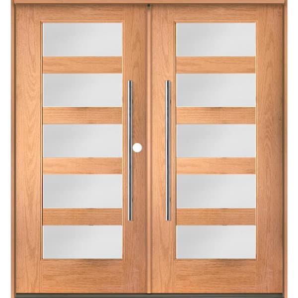 Krosswood Doors Modern Faux Pivot 72 in. x 80 in. Left-Active/Inswing 5-Lite Satin Glass Teak Stain Double Fiberglass Prehung Front Door