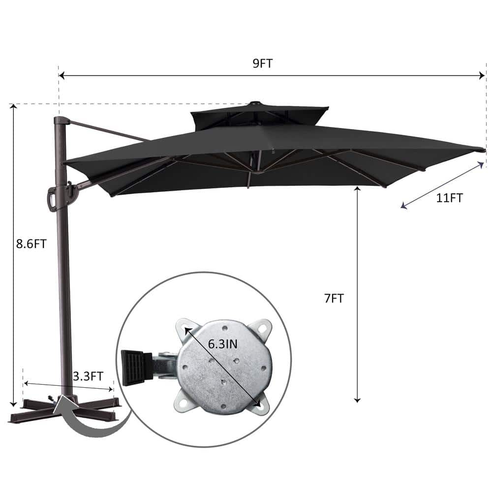 Black and Brown 11 ft. Rectangular Cantilever Patio Umbrella with Metal Pole