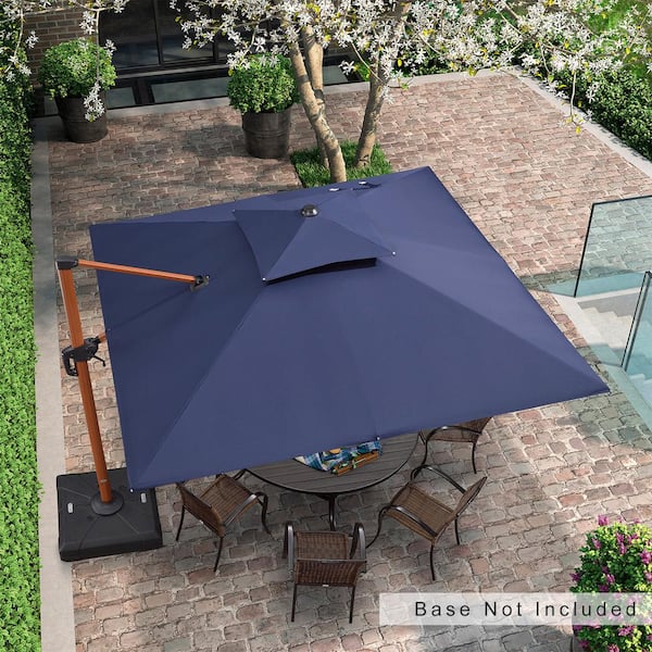 PURPLE LEAF 10 ft. Square Sunbrella All-aluminum Square 360° Rotation Wood pattern Cantilever Patio Umbrella in Navy Blue