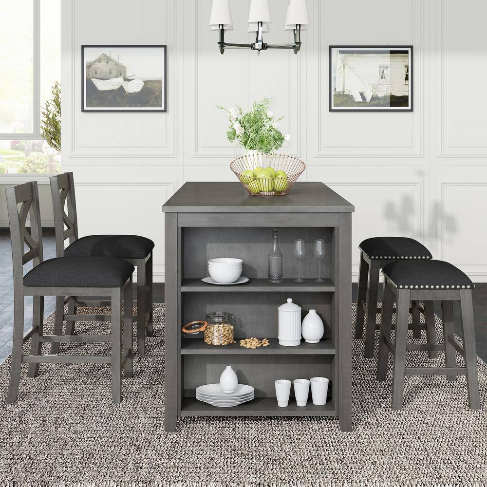 Rustic Farmhouse 5-Piece Gray Wood Counter Height Dining Table Set Seats 4 with 3-Tier Side Shelves, 2 Stools, 2 Chairs
