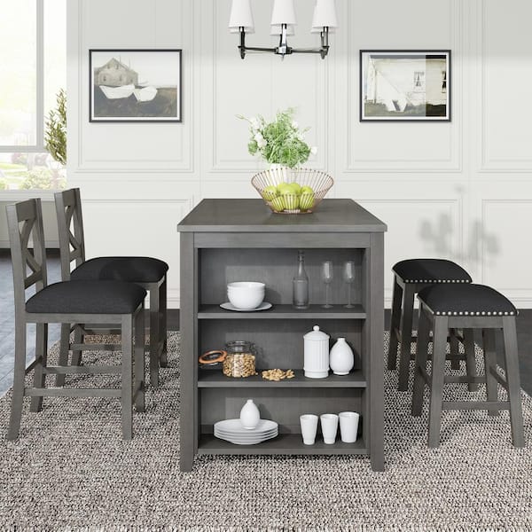 Harper & Bright Designs Rustic Farmhouse 5-Piece Gray Wood Counter Height Dining Table Set Seats 4 with 3-Tier Side Shelves, 2 Stools, 2 Chairs