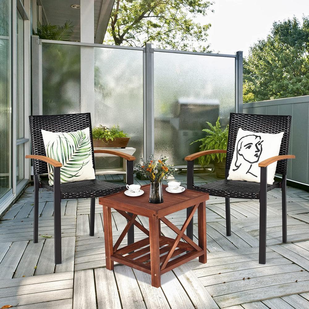 Black Wicker and Acacia Wood Stackable Outdoor Dining Chairs, Set of 4