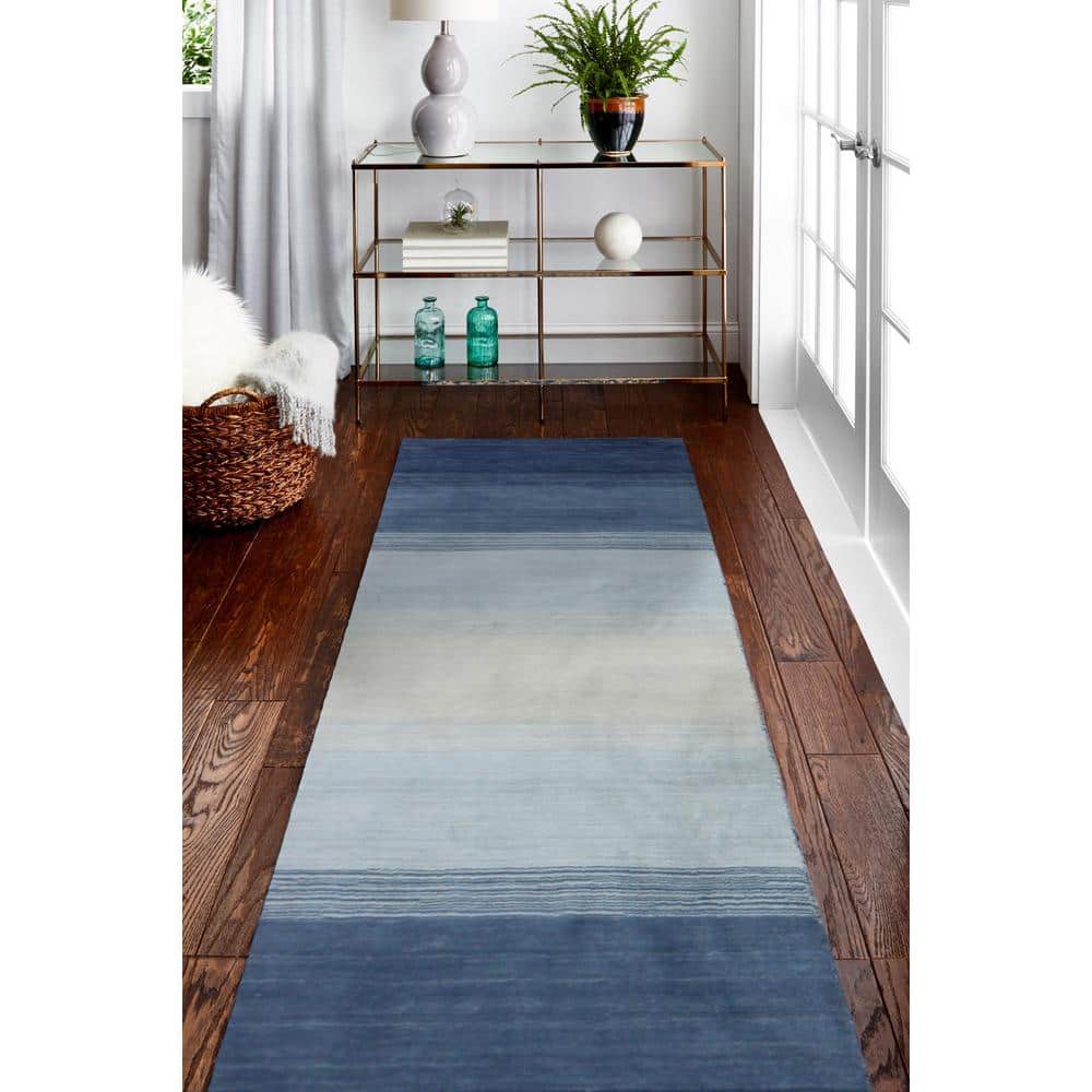 Handmade Blue and Ivory Wool Striped Runner Rug