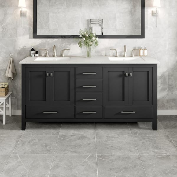 Aberdeen 72 in. Double Sink Espresso Bath Vanity with White Carrara Quartz Top (Assembled)