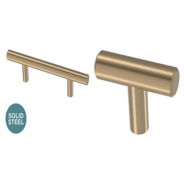 3 in. Solid Bar and 1-5/8 in. Steel Bar Modern Champagne Bronze Cabinet Pull and T-Knob Combo