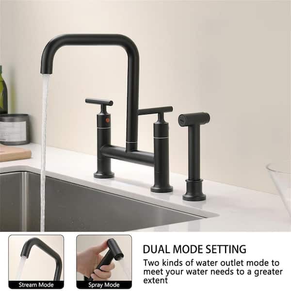 Double Handle Transitional Bridge Kitchen Faucet with Pull Out Side Sprayer in Matte Black