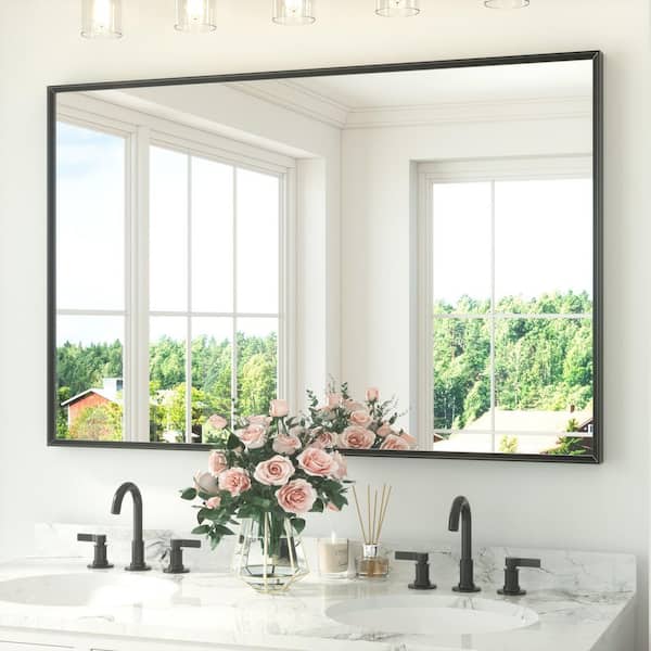 55 in. W x 36 in. H Rectangle Aluminum Framed Wall Bathroom Vanity Mirror in Black