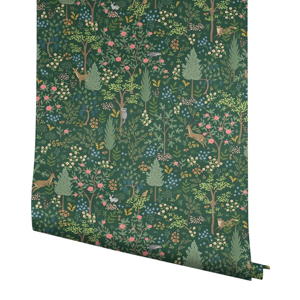 Emerald Green Multicolor Vinyl Peel and Stick Woodland Wallpaper