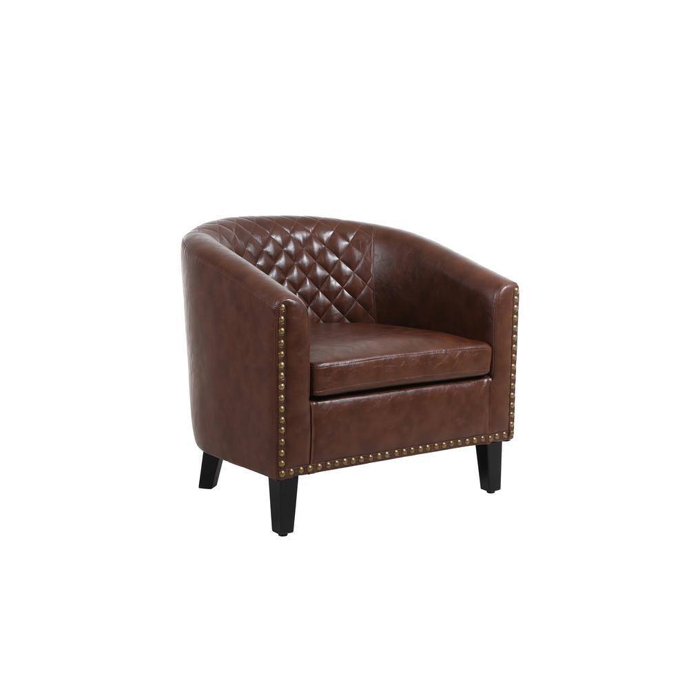 Three-quarter view of a brown faux leather arm chair.
