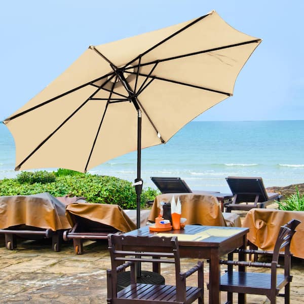 SUNRINX 9 ft. Aluminum Market Crank and Tilt Patio Umbrella in Beige with Base
