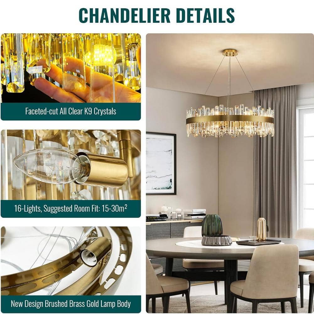 Gold Brass 16-Light Crystal 2-Tier Round Chandelier