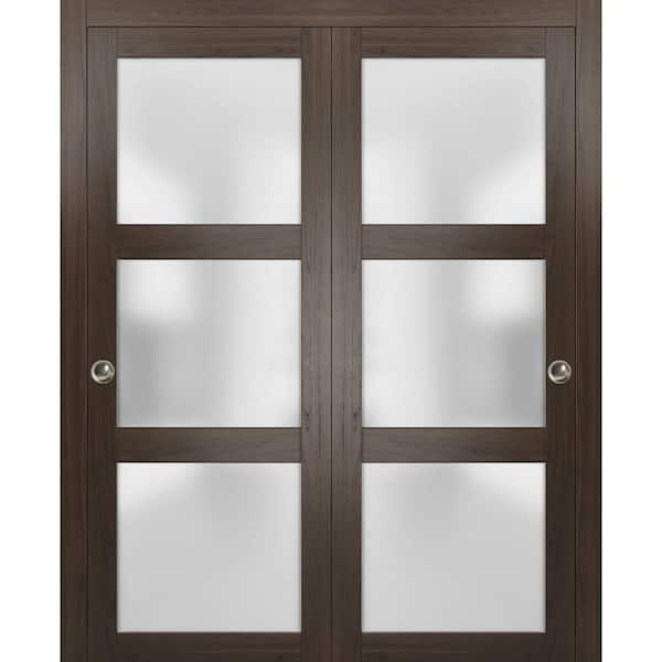 2552 60 in. x 80 in. 3 Panel Brown Finished Wood Sliding Door with Closet Bypass Hardware
