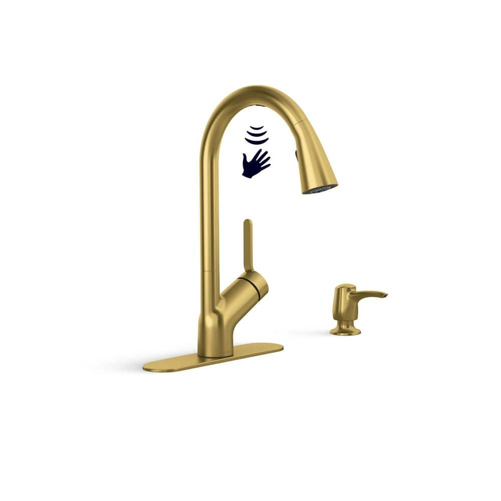 Setra Single-Handle Touchless Pull-Down Sprayer Kitchen Faucet in Vibrant Brushed Moderne Brass -  KOHLER, R22898-SD-2MB