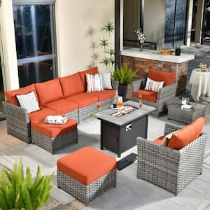 Eufaula Gray 10-Piece Wicker Modern Outdoor Patio Conversation Sofa Set with a Steel Fire Pit and Orange Red Cushions