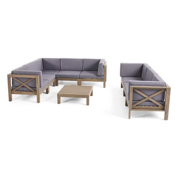 Noble House Hadlee Gray 9-Piece Wood Outdoor Sectional Sofa Set with Dark Gray Cushions