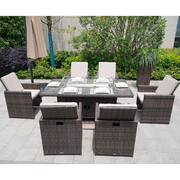 Avishai Brown 7-Piece Wicker Patio Fire Pit Dining Sofa Set with Beige Cushions