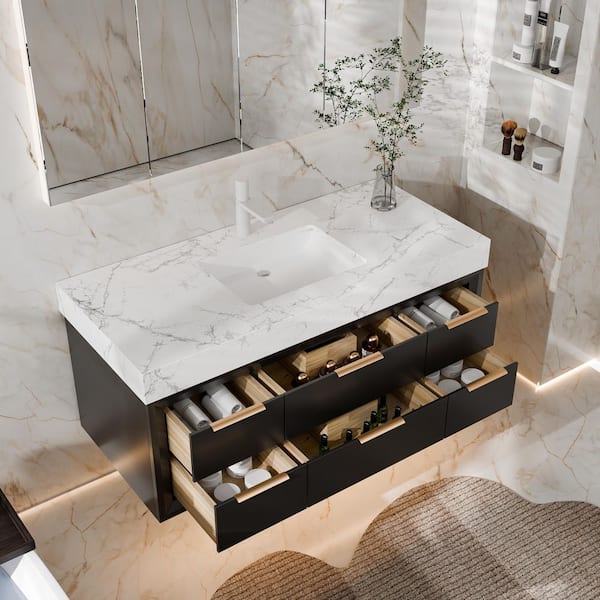 Wenlorin 48 in. Single Sink Floating Black Bath Vanity with White Engineered Marble Top Pre-assembled