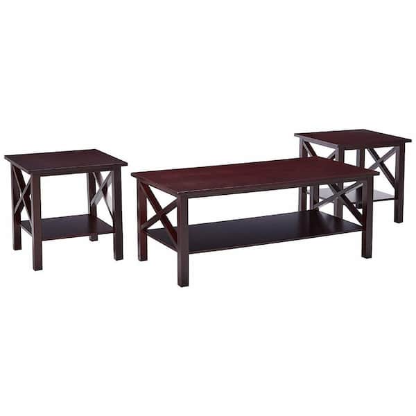 Signature Home Signature Home 20 in. L Dark Cherry Finish Rectangle Shape Wood Top Coffee Table Seat With 1 Coffee Table, 2 End Tables