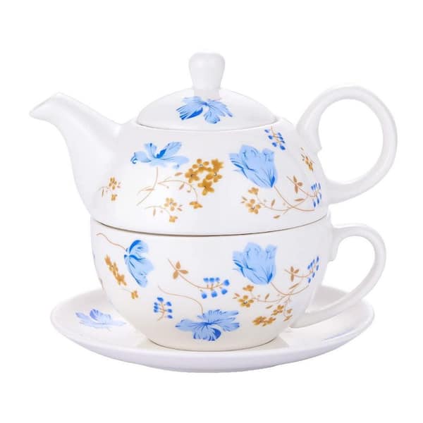 Accent Plate Ceramic Porcelain 1-Piece Blue Orchid Floral Tea Set for One Elegant Teapot and Cup Set Dishwasher
