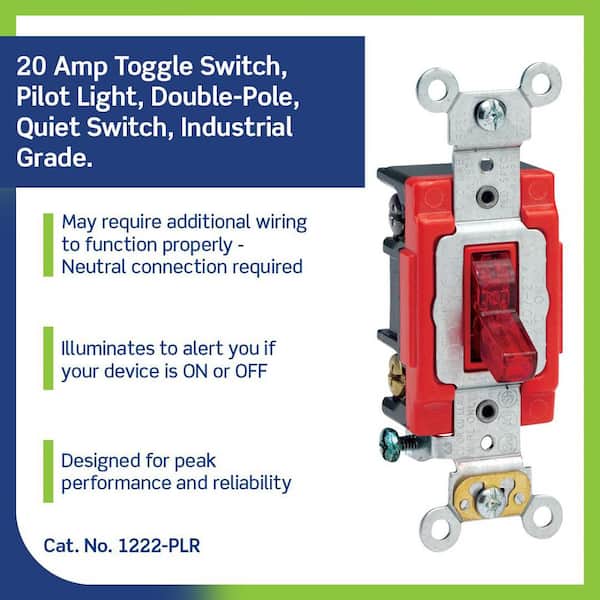 20 Amp Industrial Grade Heavy Duty Double-Pole Pilot Light Toggle Switch, Red 1222-PLR